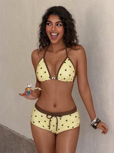 Bikini retro amarillo con estampado de polkas, traje de baño vintage de bloques de color, conjuntos de verano, ropa de playa para chicas.