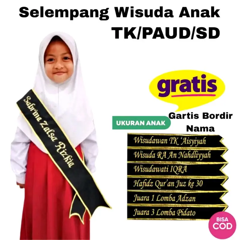 Selempang Wisuda Anak PAUD, TK, SD & SMP Selempang Anak Free Bordir Nama topi  sd  merah  putih 7
