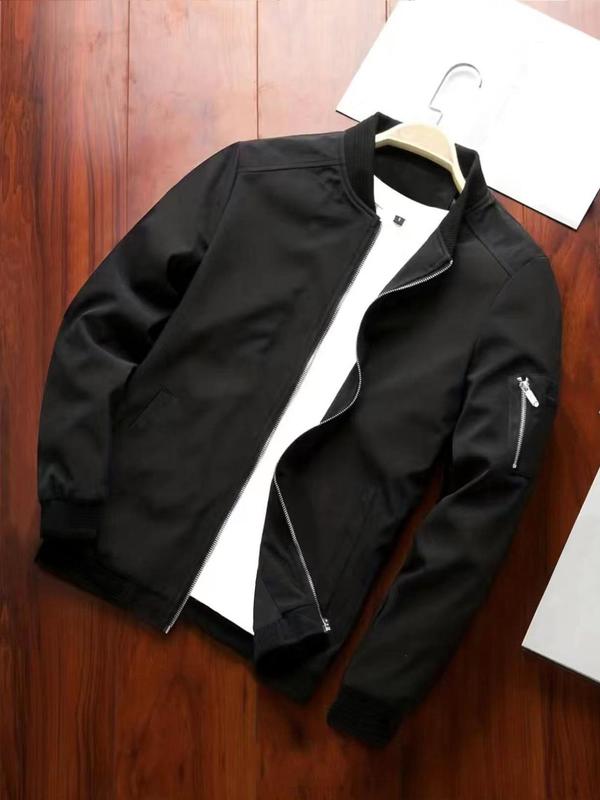Men's Solid Zip Up Bomber Jacket, Regular Fit Casual Baseball Collar Long Sleeve Outerwear for Spring & Fall, Fashion Men's Clothes for Daily Wear, Coats 4