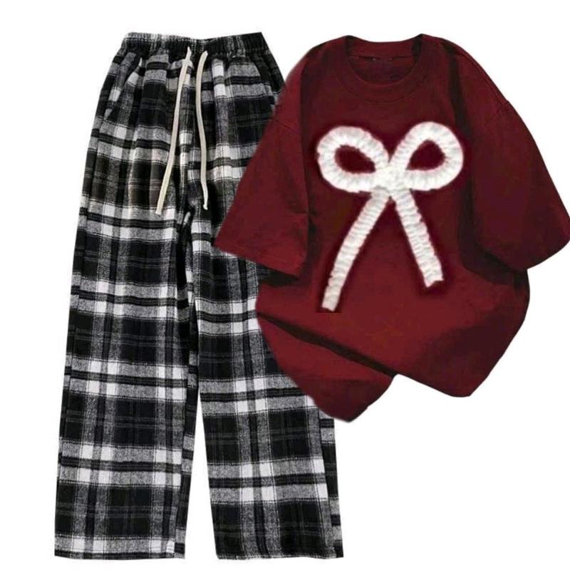 Sét bộ đồ quần ống rộng kẻ caro đen Bản To + Mix Áo phông nơ rúm đỏ