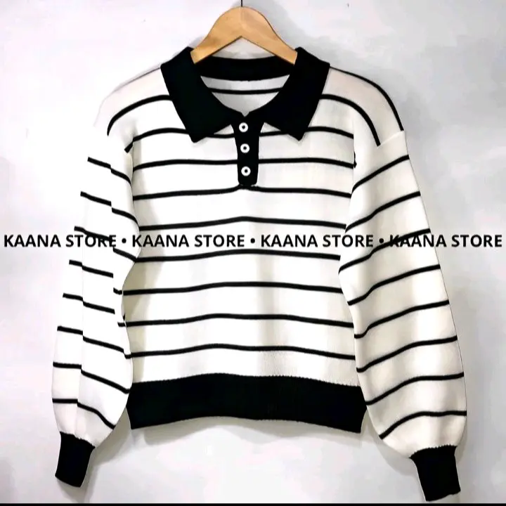 polo stripes knit import - atasan polo rajut wanita- korean polo knit tm(51047)/stripes knit