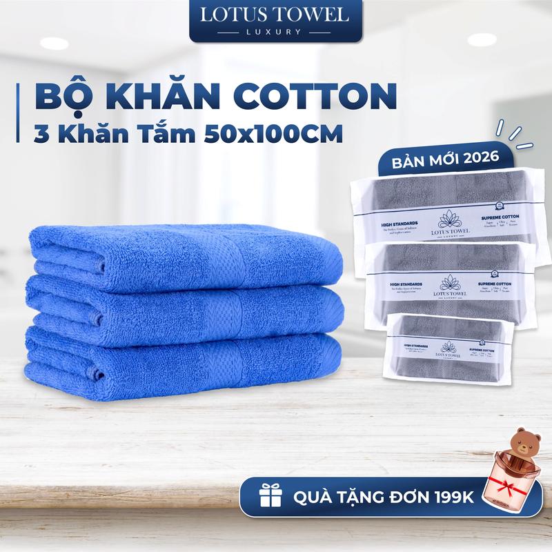 Bộ 3 Khăn Tắm nhỡ 50x100cm LotusTowel Làm Từ Sợi Cotton Cao Cấp Mềm Mịn, Thấm Hút, Không Ra Màu Dùng cho Nhà Tắm, Spa, Khách sạn, Resort