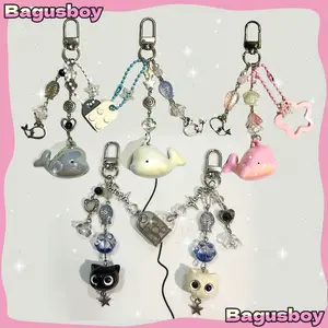 Bagusboy 2 Pcs Gantungan Kunci Keychain Lumba Lumba Couple Lucu Aesthetic Tali Kain Kepang Paus Kecil Liontin Warna-Warni Akrilik Whale Beads Hiu Aesthetic Couple Premium Imut Mewah Hadiah Liontin Tali Anak Kalung