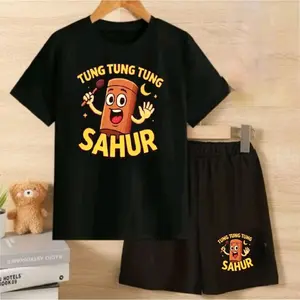 Baju Setelan Tung Tung Tung Sahur 01 Kaos+Celana Anak-Anak Laki-laki & Perempuan Ideal Usia 2-10 Tahun Bahan Katun Soft,Size S,M,L,XL Kaos Distro Fashionable-Parsel Cowok & Cewek