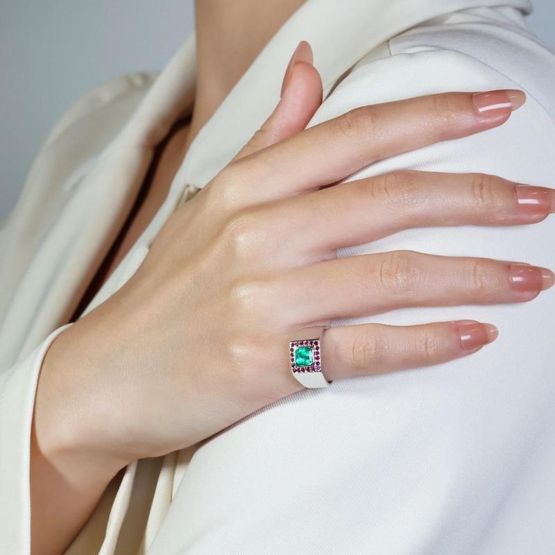 Fabulous 1 carat and 5 points Emerald and Rubies Dome Ring in 18K White Gold 8