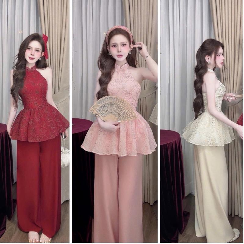 SET ĐỒ TẾT ÁO THÊU HOA CỔ YẾM QUẦN LỤA MỊN
