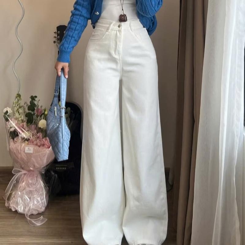 Xả kho!!! Quần Jeans Trơn Quần Bò Suông Ống Rộng Cạp Cao Tôn Dáng Hai màu Trắng Be