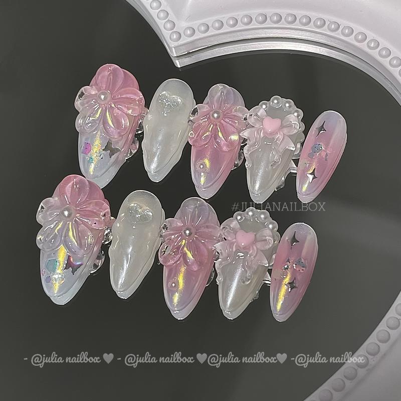 JuliaNailbox Mã 467 Nặn Hoa Mix Tráng Gương Hồng Xinh Móng Tay Giả Thiết Kế Thủ Công Sơn Gel Tặng Kèm Keo Miếng Dán Dũa Bông Lau Móng Gắn Dễ Dàng Tiện Lợi Có Thể Tái Sử Dụng Cho Nữ