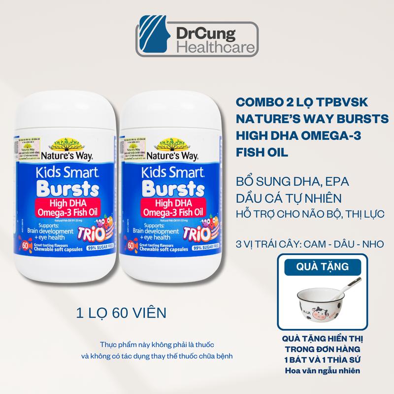  COMBO 2 Lọ Nature's Way Kids Smart Bursts High DHA Omega-3 Fish Oil Lọ 60 viên Dầu cá 3 màu Hỗ trợ bổ sung omega 3 DHA dầu cá tự nhiên dành cho trẻ em MUA 1 COMBO TẶNG 1 BÁT VÀ 1 THÌA SỨ HOA VĂN NGẪU NHIÊN 