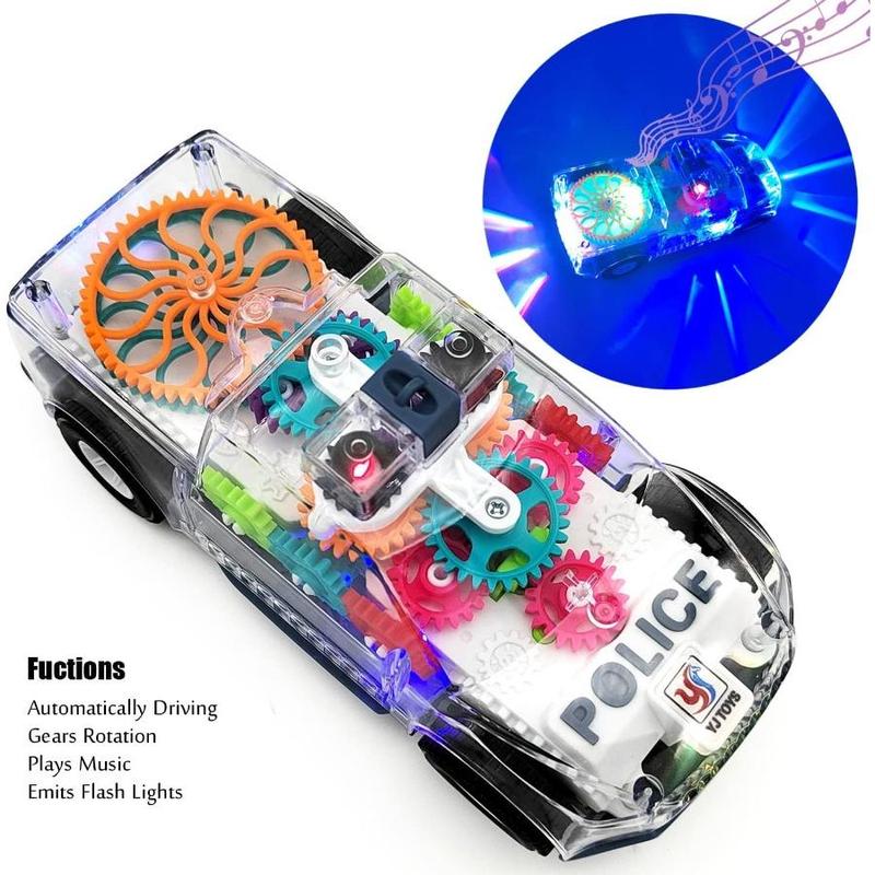 Light Up Transparent Gears Police Car Toy for Kids Bump and Go Toy Car for Boys Girl Educational Baby Toys Car Music LED Effects 3
