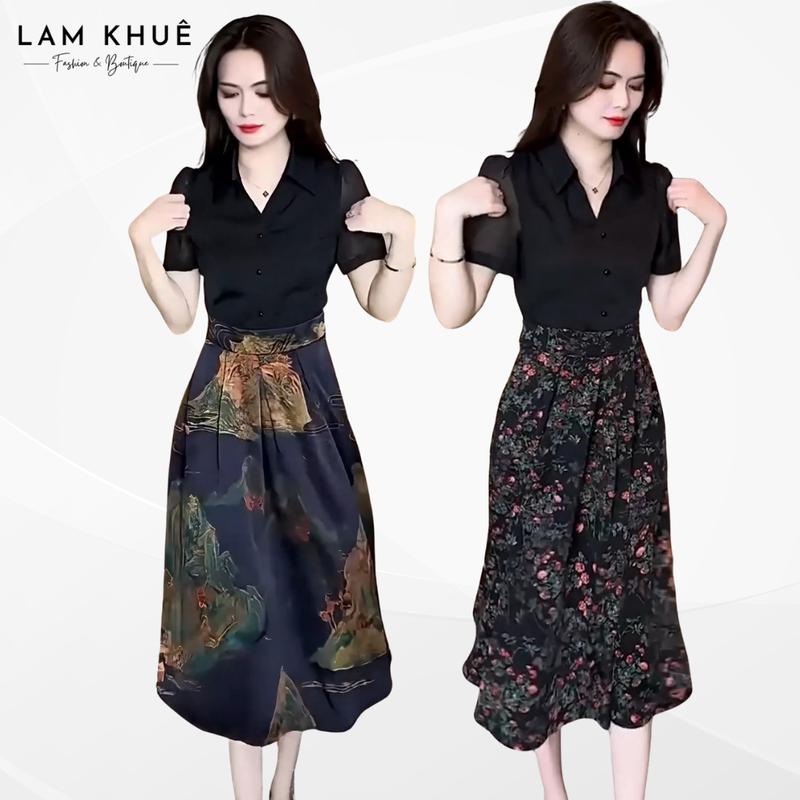 Đầm Dự Tiệc Cổ Sơ Mi Phối Tùng Dài Họa Tiết MS1975 Thoi Trang Lam Khue - Sen, Kem váy mango váy tiệc