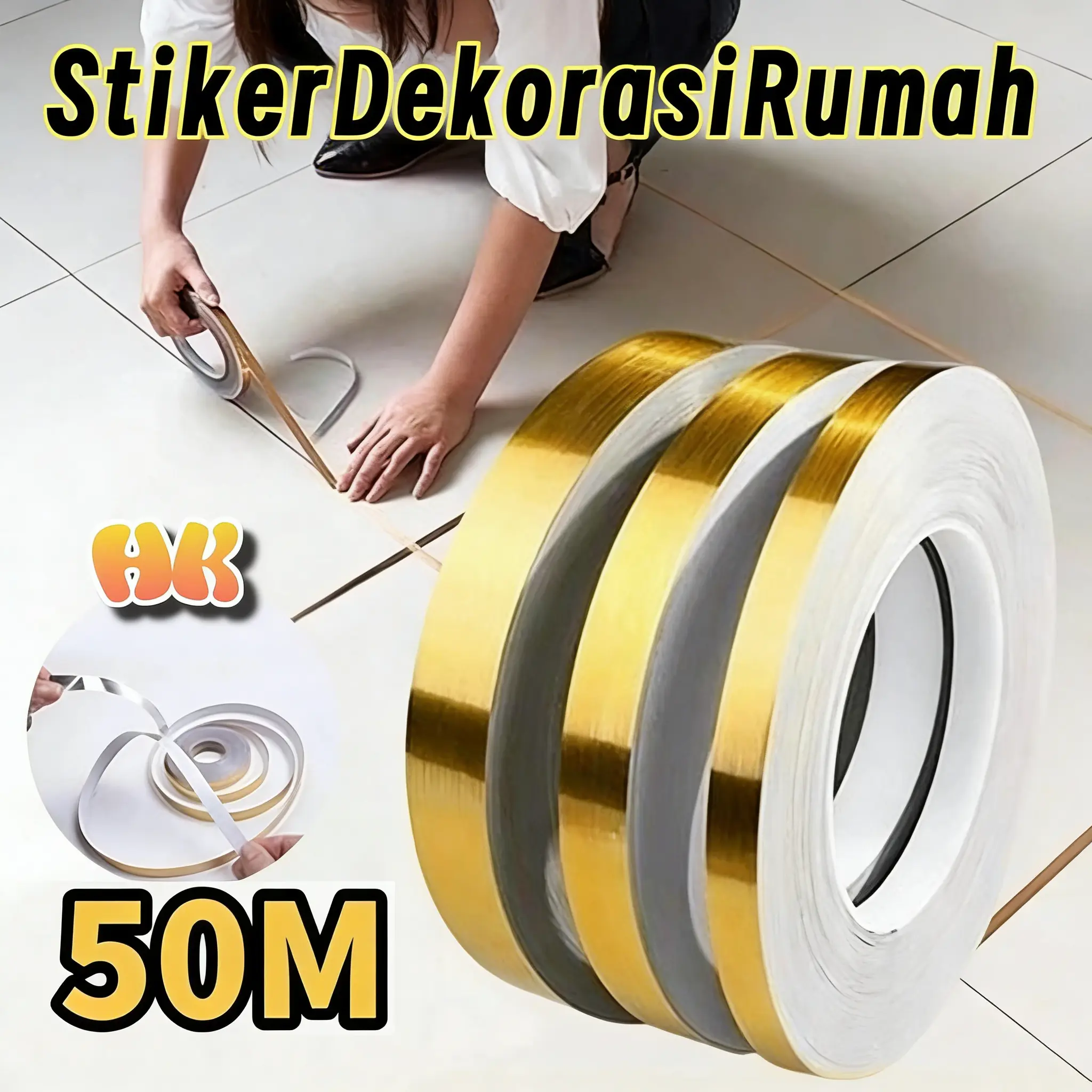 Stiker List Emas Mengkilap 500cm HK  – Strip Dekorasi Waterproof, Ideal untuk Dinding