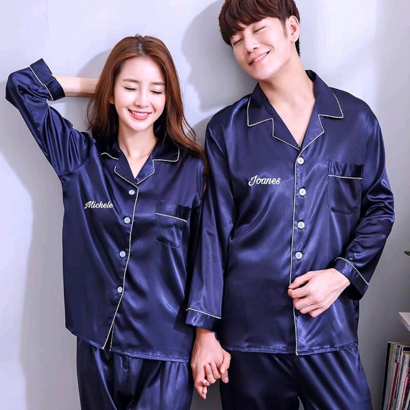 Piyama pajamas baju tidur couple pria wanita custom bordir nama hadiah kado gift nikahan wedding pernikahan prewedding / untuk seserahan murah unik lucu navy hitam merah maroon cewek cowok 3