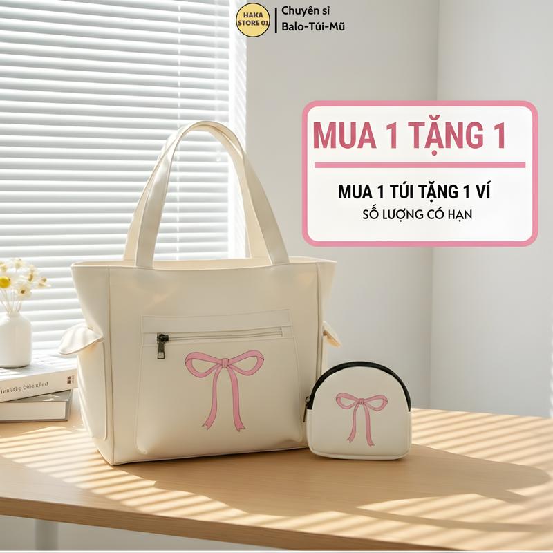 Haka-Tặng ví cầm tay mini Túi tote đeo vai vải canvas đa năng đi học đi làm đi chơi đựng laptop 14inch sách vở quần áo 2 ngăn tiện lợi có khoá miệng - Nữ - Bag-Tặng ví cầm tay mini đựng son thẻ tai nghe sạc