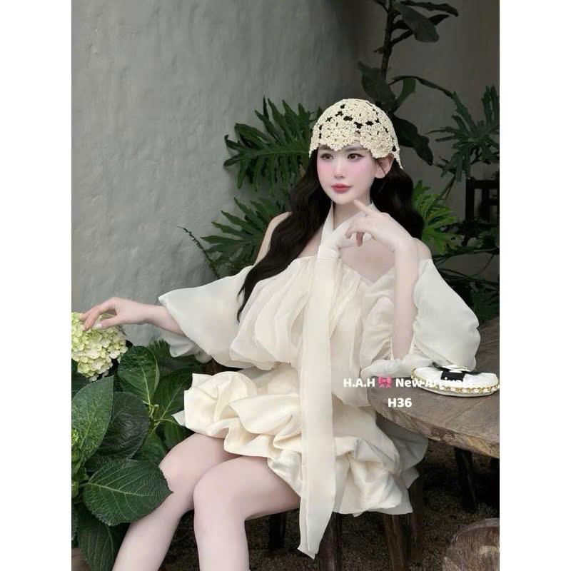 Sét áo tơ cổ yếm trễ vai kèm cv tafta KHANHTHU