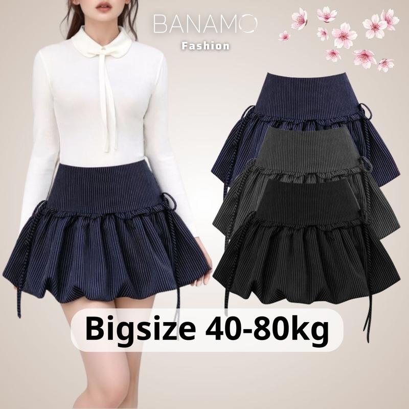 Chân váy nữ BIGSIZE Banamo Fashion chân váy bí kẻ nhỏ buộc nơ 2 bên có khoá kéo sau lưng phong cách tiểu thư 5936