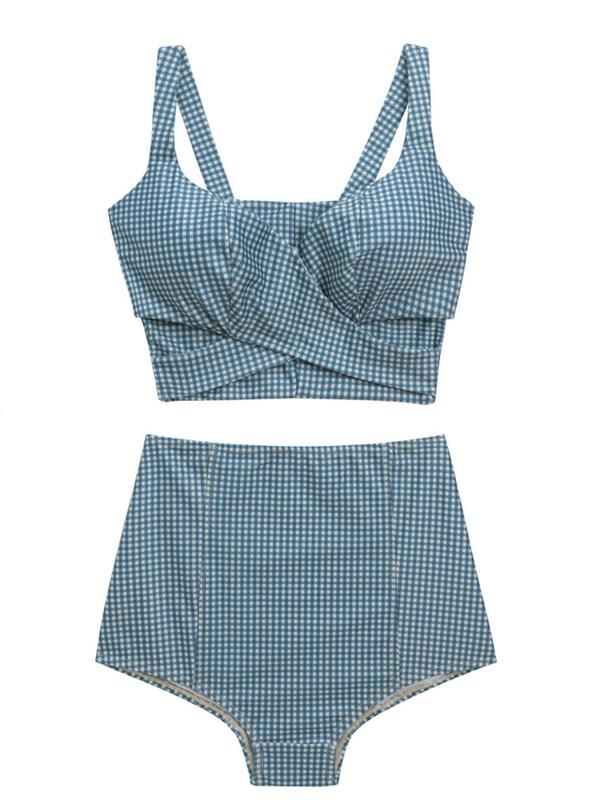 Product Introduction of Women's Korean-Style Split Bikini Swimsuit Plaid High Waist Belly Contracting Covering Belly Thin Beach Vacation Spa Swimsuit 11