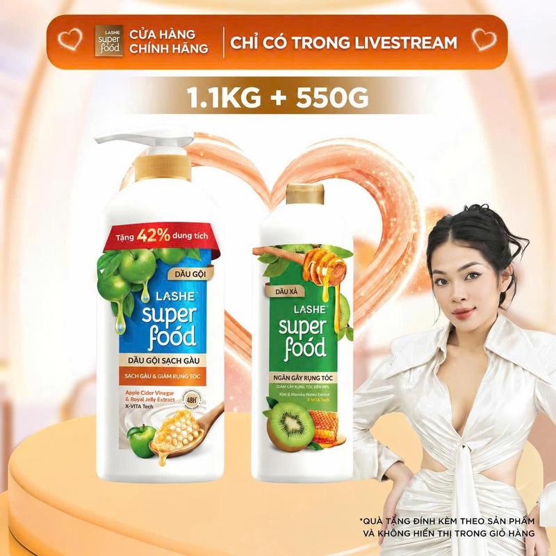 Combo Dầu Gội LASHE SUPERFOOD Sạch Gàu Giảm Rụng 1.1KG + Tặng Dầu Xả LASHE SUPERFOOD Ngăn Gãy Rụng Tóc 550G