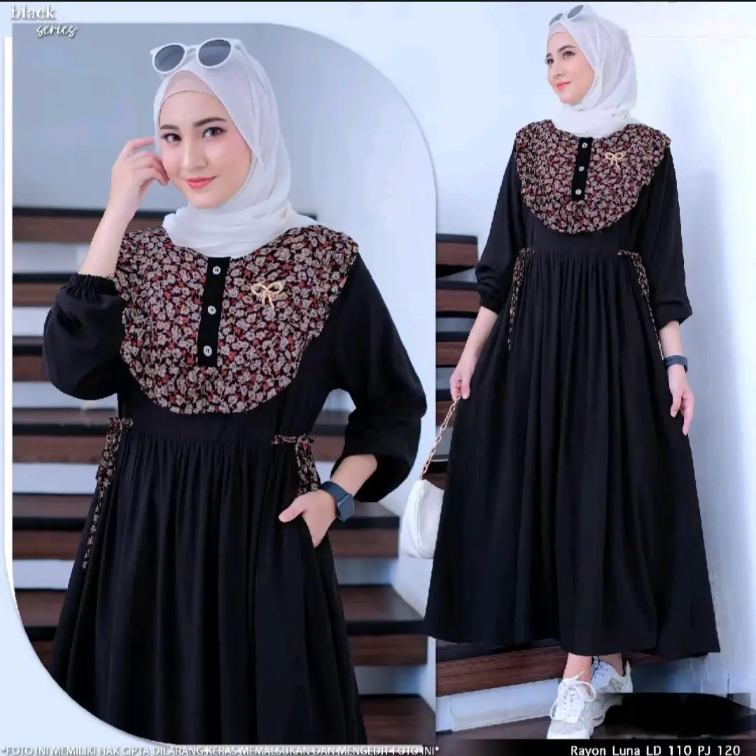 model terbaru MIDI dress taliyah/MIDI dress rayon twill kombinasi motif bunga/MIDI dress model masa kini Wanita dress new Variasi