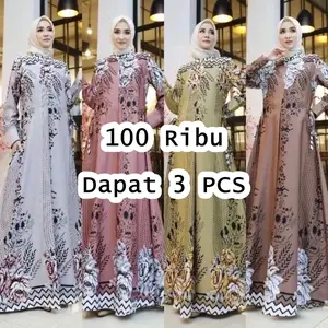 100 Ribu Dapat 3 Pcs Gamis Muslimah Jumbo Dress Panjang Motif Bunga Busui Friendly Murah Terlaris