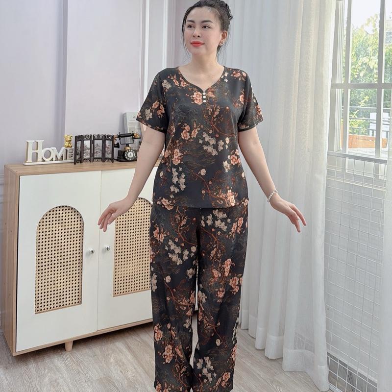 Y24 Đồ Bộ trung niên lụa Mango cao cấp quần dài chất mềm, không nhăn, thoáng mát, hoạ tiết thanh lịch sang trọng thoải mái , màu sắc tôn da, đính nút cao cấp Women Nữ 3