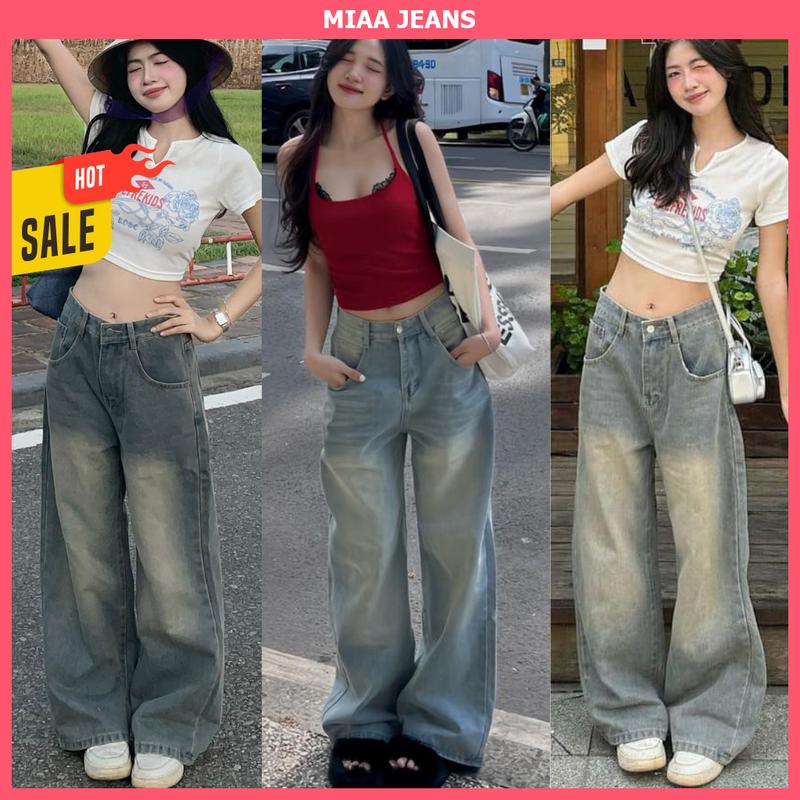 [MIAA] Quần Jeans Nữ Ống Suông Rộng 25-28cm Cạp Cao Tôn Dáng - Màu Wash Retro (Xanh Nhạt, Đen, Xám Xanh, Rêu,...) - Chất Vải Jeans Mềm - Quần Bò Ống Suông Nữ - Quần Jeans Ống Rộng