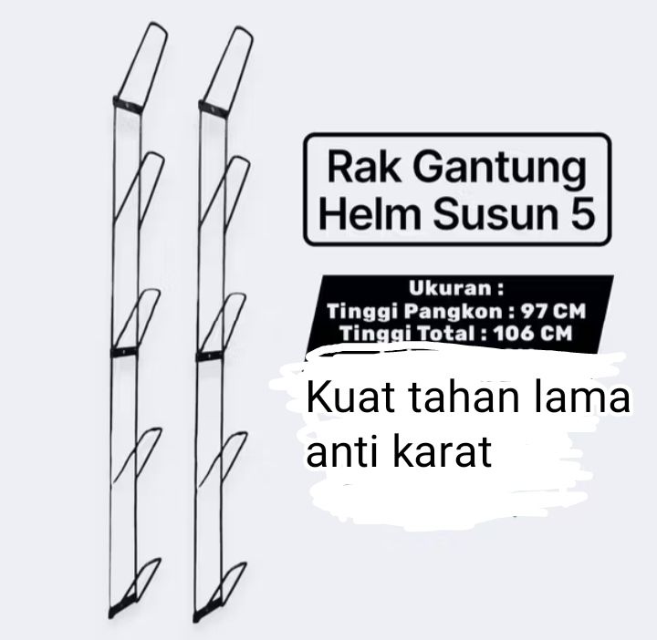 Rak Helm 5 Susun Di Dinding harga 1 pcs Kuat Tahan Lama Anti Karat Ukuran 97 Cm Total 106 Cm