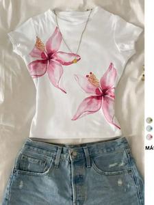Playera de cuello redondo con estampado floral para mujer, camiseta de manga corta ajustada y casual, ropa de verano para uso diario