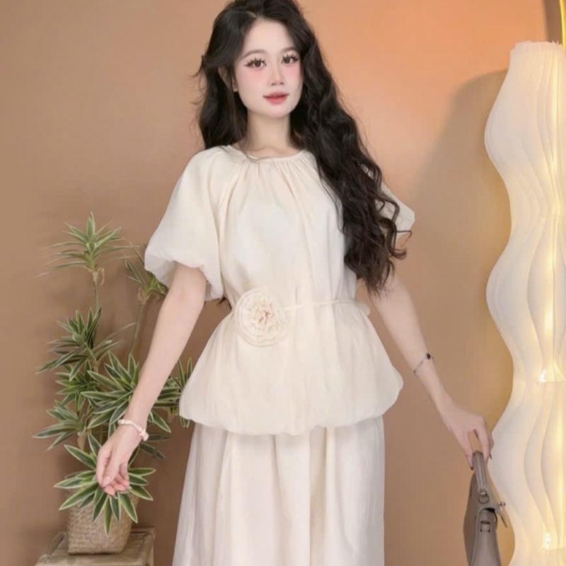 Set Áo Tay Bồng Vải Voan Đi Biển Kèm Chân Váy Dài S78 cho Phong Cách Biển Sang Trọng Size S/M Chất Liệu Mềm Mại Thoáng Mát