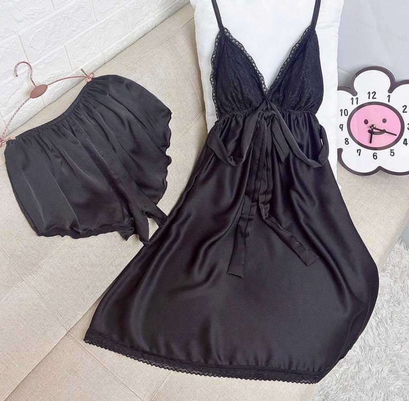  Freesize  60Kg - 90Kg  Đầm Váy Ngủ nữ Bigsize Đồ Ngủ Nữ Đầm Ngủ Xinh. Chất Lụa Satin Trơn Phối Ren Cột Nơ Mút Tháo Rời kèm Quần Form Sẹc Xy Women Dress 