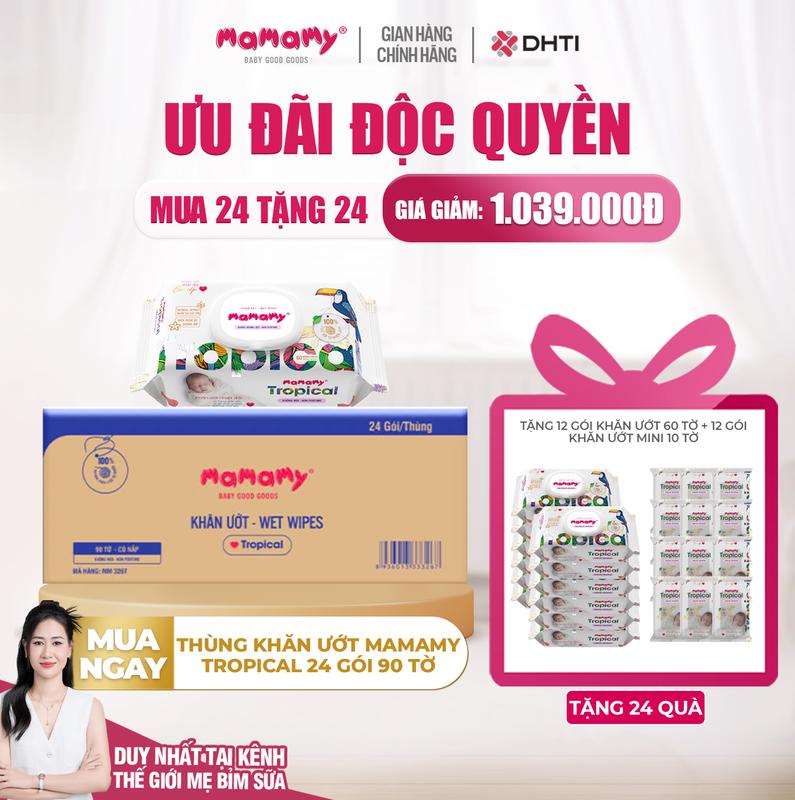 [TGMBS][MUA 24 TẶNG 24] MUA 1 thùng khăn ướt Mamamy Tropical 24 gói 90 tờ không hương thơm TẶNG 12 gói khăn ướt 60 tờ + 12 gói khăn ướt mini 10 tờ không hương thơm