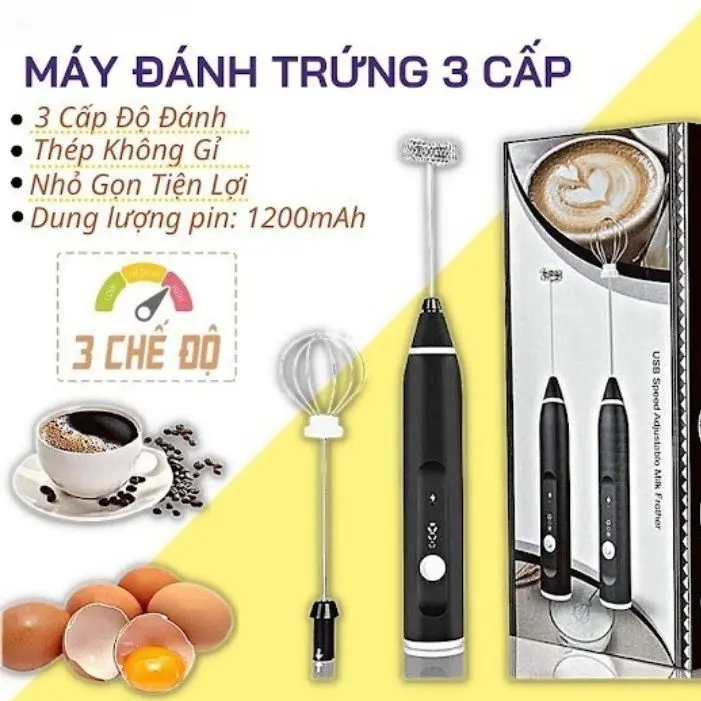 [Tặng Kèm Dây Sạc] Máy Tạo Bọt Cafe, Máy Đánh Trứng Mini Cầm Tay Sạc Pin 3 Cấp Độ Tặng Kèm 2 Đầu Đánh Chuyên Dụng