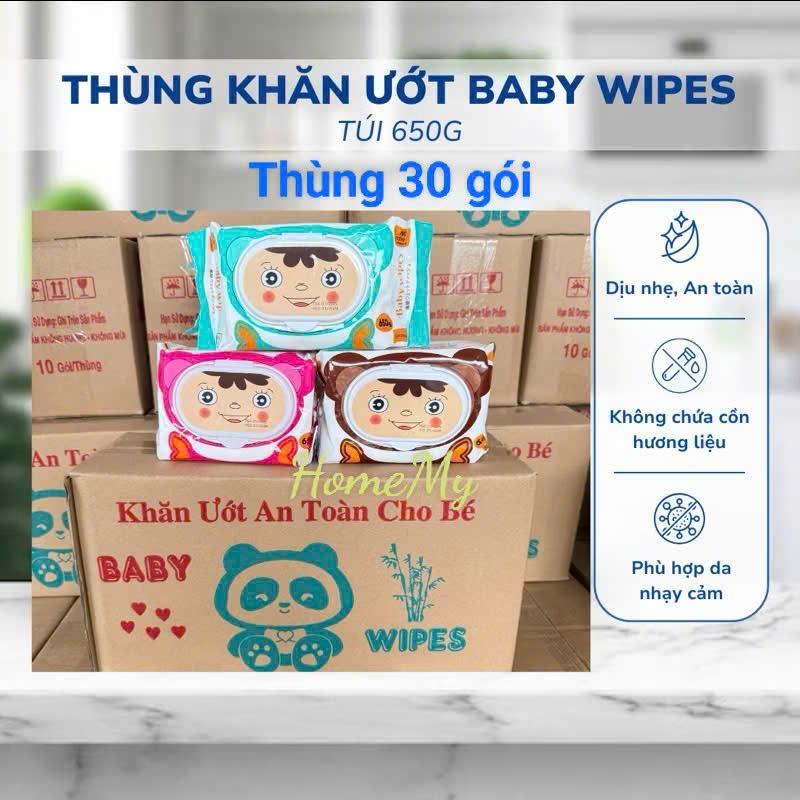 Thùng 30 gói khăn ướt gấu baby wipes 650G giấy to 15x20 cm không mùi vải bi dày dặn Voi Cho bé