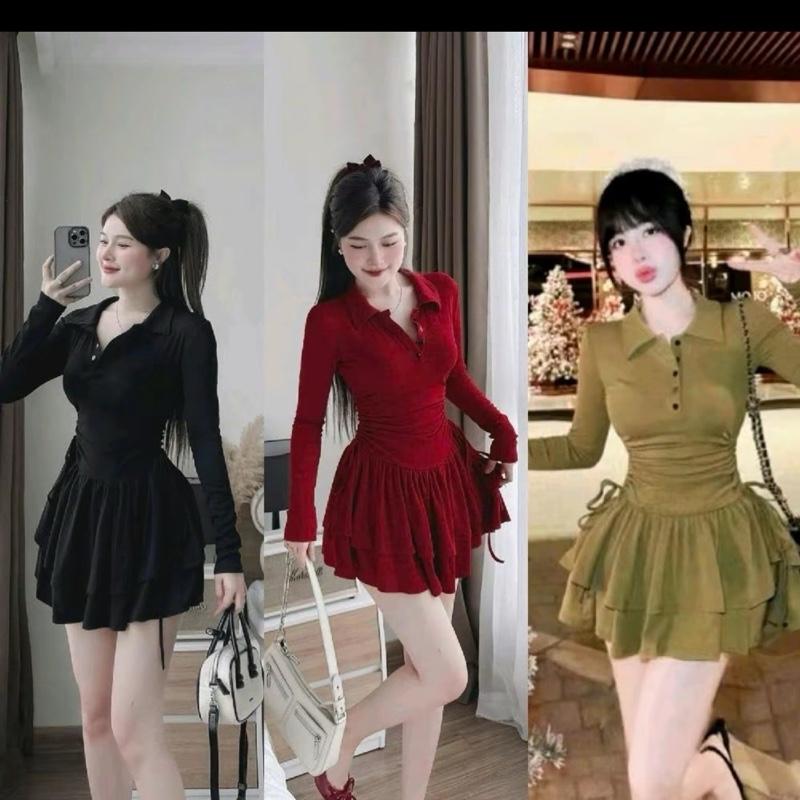  Đầm Thun Dáng Xoè Hai Tầng Cổ Đúc có cúc Rút Dây hai bên Tay dài cho nữ  kèm quần  Tăm Lạnh Đỏ Đô Freesize - Dress Women Y002 