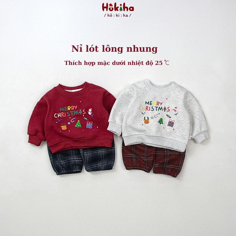 Hokiha B260- Bộ quần áo dài tay gồm áo Noel nỉ lót lông nhung và quần dạ kẻ caro cho bé hình dễ thương vải mềm mịn ấm áp size 8-17kg