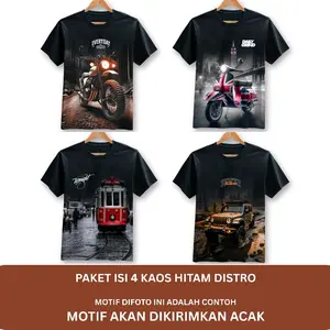 PAKET 4 KAOS DISTRO HITAM MOTIF ACAK KLASIK RETRO BAHAN SEMI KATUN 24S ATASAN COWOK CEWEK Keren Dewasa Pendek Oblong Sablon Surfing Nyaman Ukuran M L XL XXL Pria Wanita
