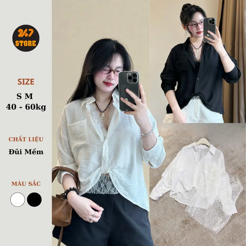 247store - Áo Sơ Mi Trắng Đũi Mềm Kèm Lót Ren Sang Chảnh set 2 chi tiết 402/241 0
