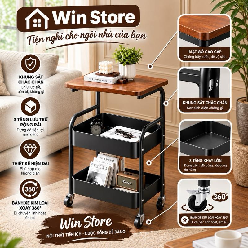 Kệ Đựng Đồ Đa Năng 3 Tầng Bằng Sắt Tĩnh Điện Mặt Bàn Gỗ MDF Thiết Kế Hiện Đại Tiết Kiệm Không Gian Phù Hợp Phòng Khách