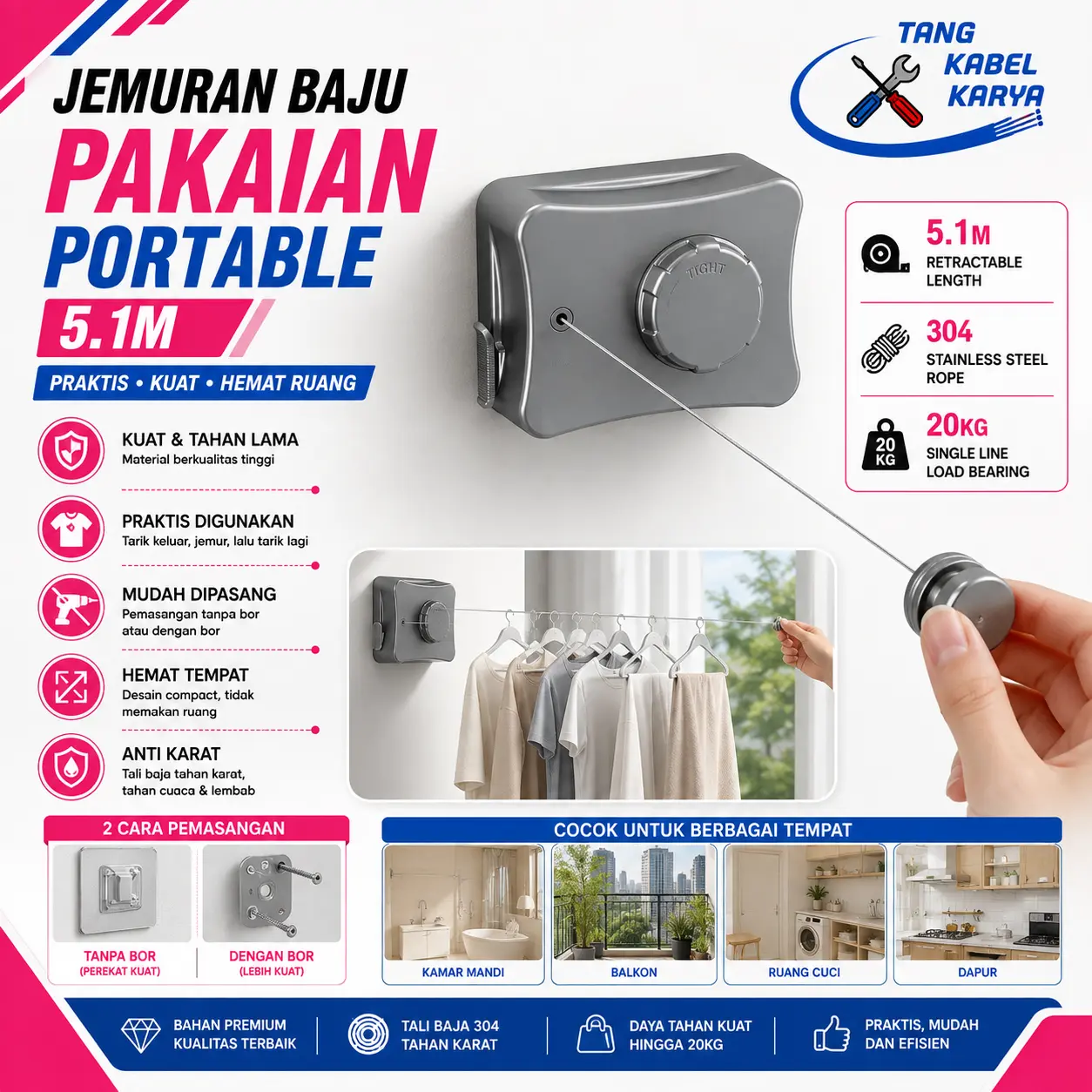 NEW JEMURAN BAJU PAKAIAN PORTABLE 5.1M CLOTHESLINE INDOOR OUTDOOR