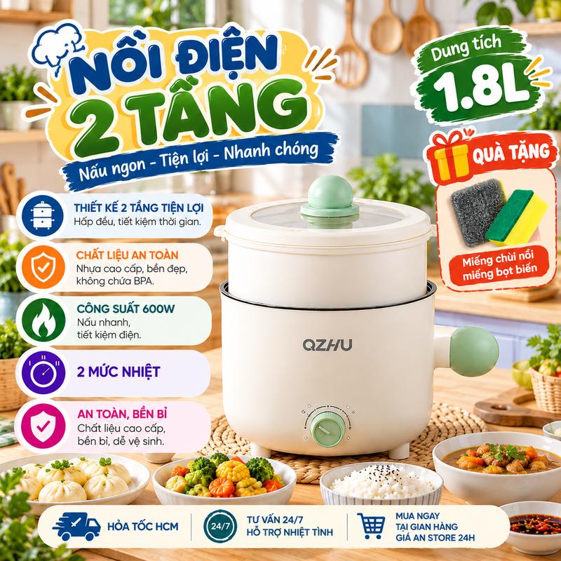Nồi Lẩu Điện OZHU 18cm 2 Nấc Nhiệt Kèm Giá Hấp Có Tay Cầm Tiện Dụng, Nồi Lẩu Hấp Mini Đa Năng 2 Tầng Cao Cấp