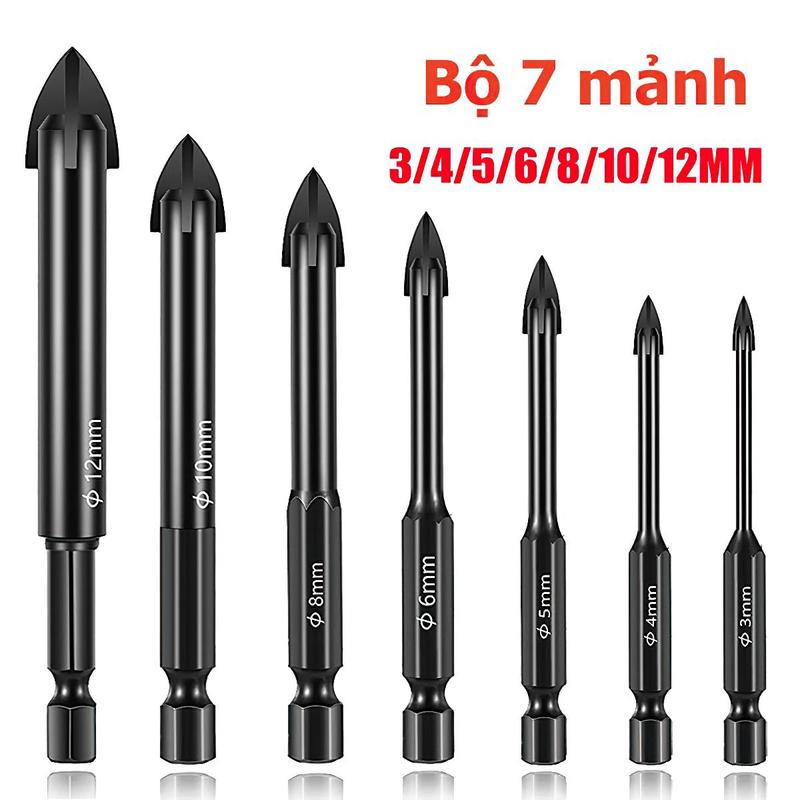  Monqiqi Bộ 7 mũi khoan đa năng chân lục giác 4 cạnh thép đen Nhật khoan sắt khoan kính thủy tinh gạch men đá gốm 