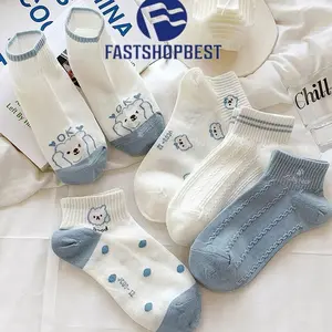 5PASANG  Kaos Kaki Pendek Bear Biru / Kaos Kaki Wanita Fashion Ala Korea / Kaos Kaki Beruang Biru Putih Motif Panjang Dewasa Garis