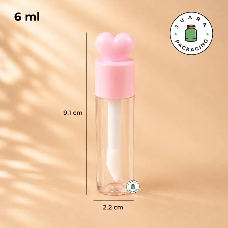 Wadah Lipcare Acrylic 6ml Tutup Bentuk Hati Warna Pink Ungu Biru Kuning Putih – Botol Kosmetik dengan Aplikator Miring Doe Foot, Cocok untuk Lip Serum, Lipbalm, Lipgloss, Liquid Lipstick Refill