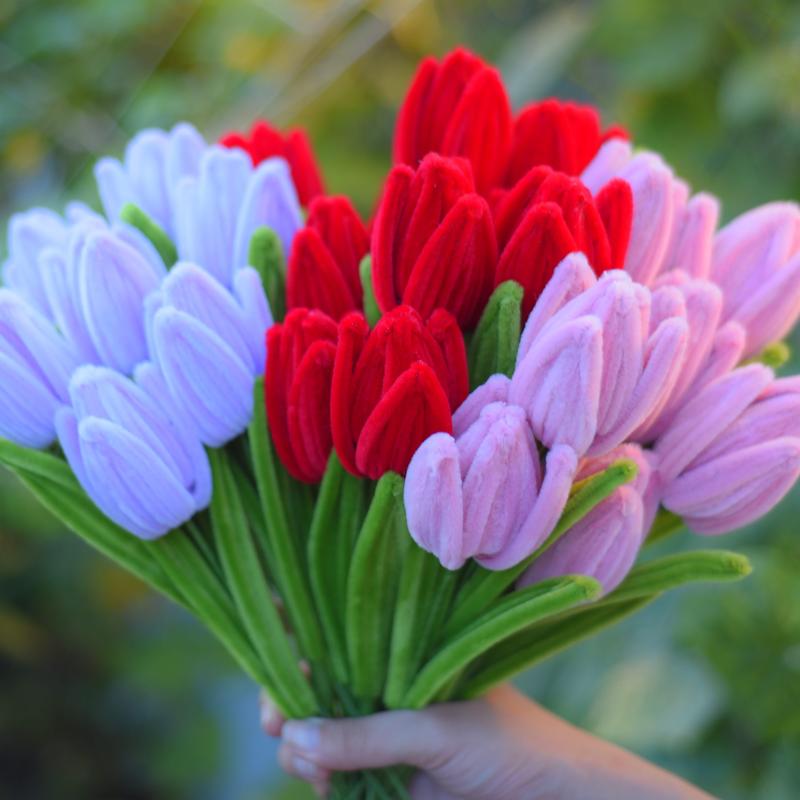 HOA LÀM SẴN hoa tulip kẽm nhung - hoa tặng 20 10- tặng sinh nhật- Decor Phòng Trang Trí Nhà Để Bàn trang trí kem nhung