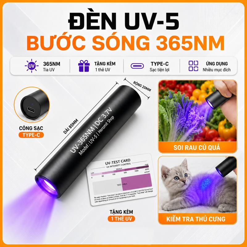 Đèn Tia Cực Tím 365nm Sạc Type-C | Đèn UV Soi Tem Nhãn, Test Khẩu Trang , Nấm Mèo UV-5 ( kèm Thẻ UV )