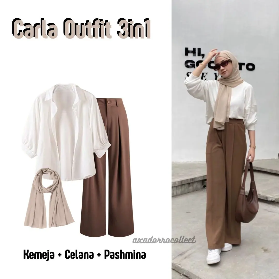 Carla outfit 3in1 set kekinian ala korea (Kemeja Basic, Celana Knit, Pashmina) OOTD Kampus Kondangan
