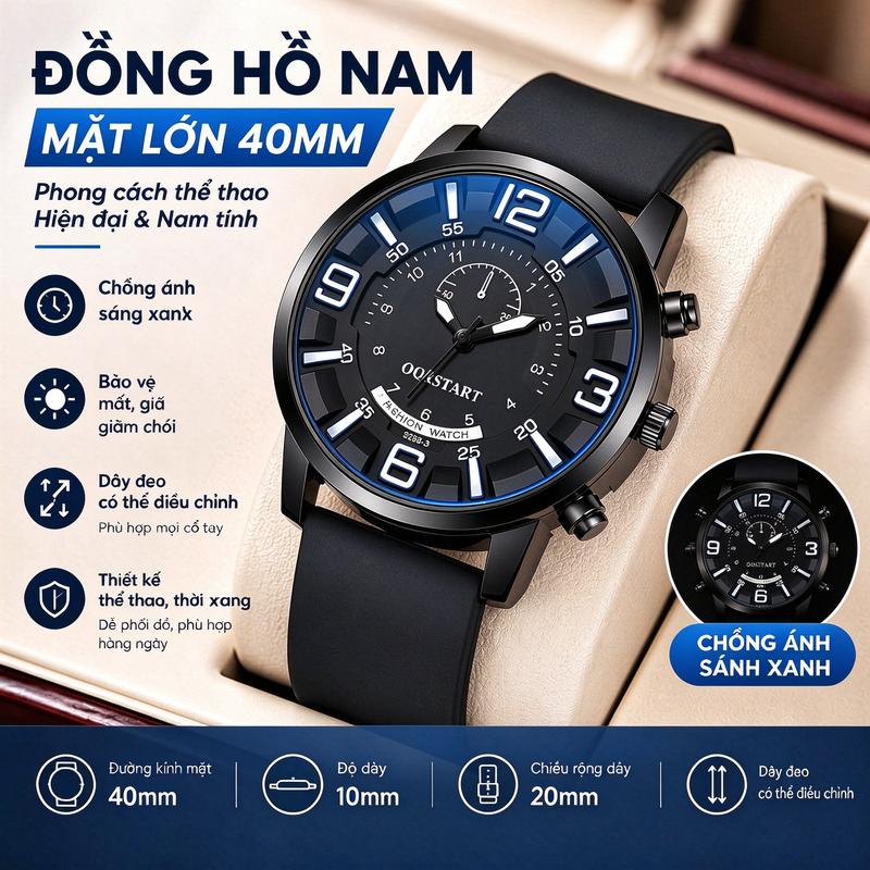 Đồng hồ nam mặt lớn số nổi, kính phủ chống ánh xanh, phong cách cao cấp bán chạy