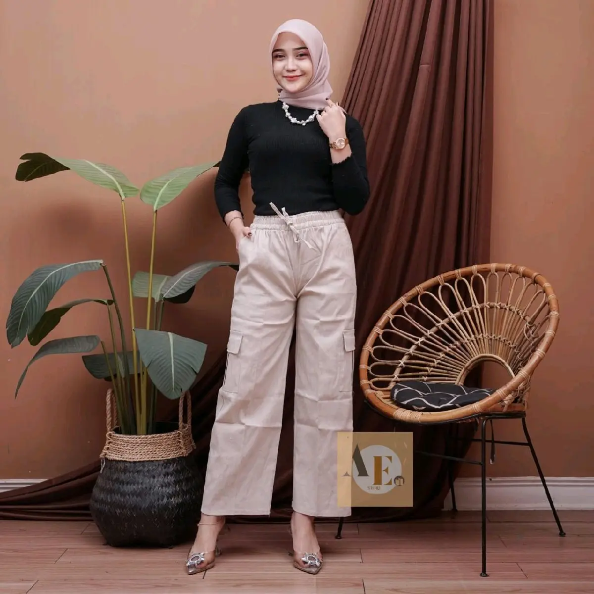 Zyta Celana Kulot Cargo Wanita Highwaist Premium Tali Aktif Full Karet Bahan Twill Combad Premium Kekinian Korean Style pants unsex hitam【cargo】 celanakulot
