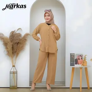 Setelan One Set Inara Setelan Crinkle airflow Ld 120 polos Atasan Baju Bawahan  Celana  Karet  Kulot  Variasi  Wanita  Kancing  Panjang Kerah Dewasa Tangan Remaja