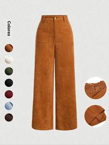 Pantalones de pierna ancha con bolsillos y botones al frente para mujer, pantalones casuales de cintura alta para uso diario, pantalones para damas para todas las estaciones, pantalones holgados